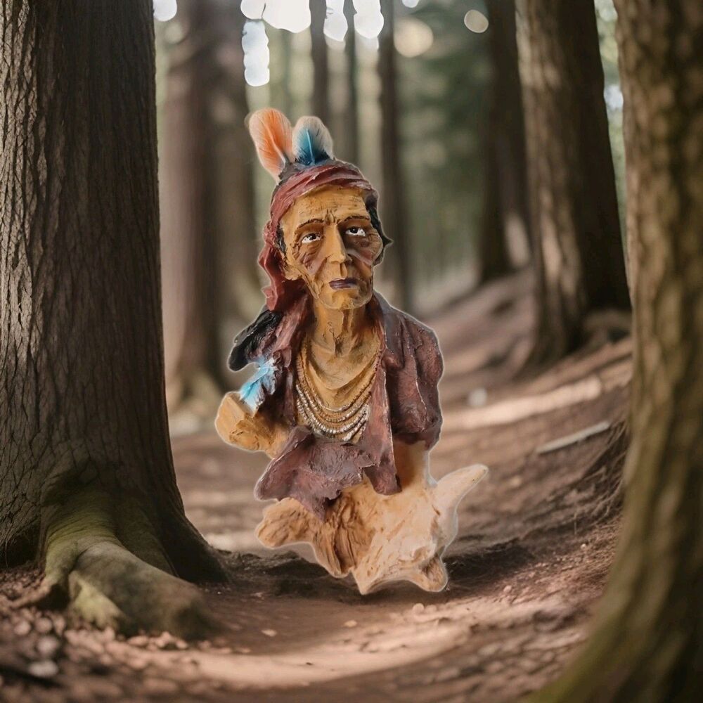Native American Elder Bust Statue Resin Figurine Southwestern Decor Bison Skull